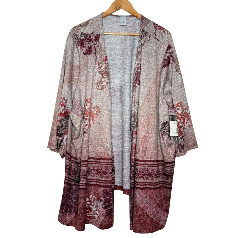 NWT Catherines Womens 4X Cardigan Sweater Gray Maroon Paisley Open Front